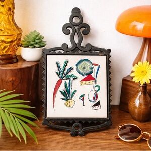 Vintage Japan Cast Iron Trivet with Ceramic Tile Vegetable Motif